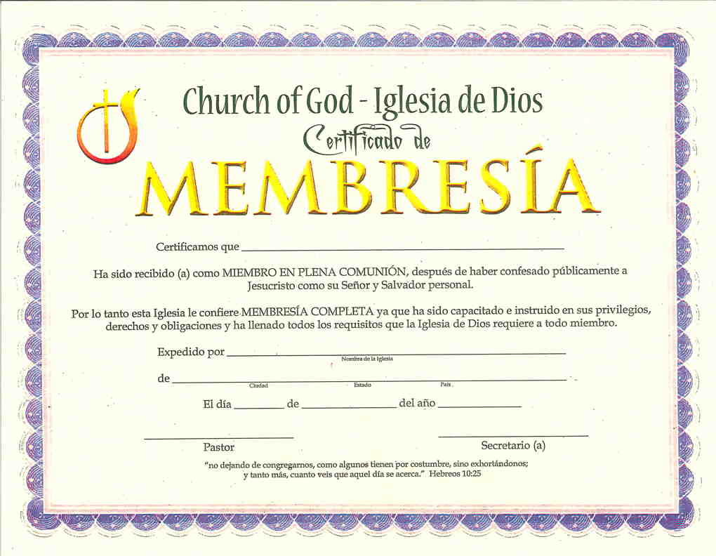 Certificado de Membresía pqt. de 15 - Editorial Evangelica