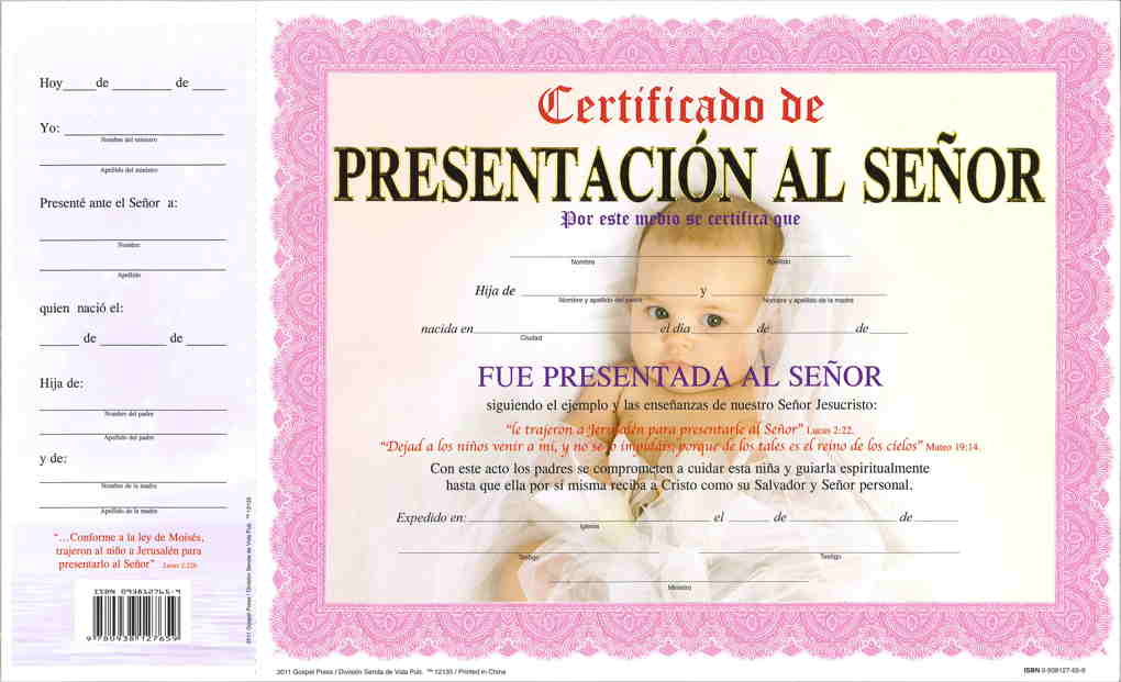 Certificado de Presentacion - Niña pqt. de 15 - Editorial Evangelica