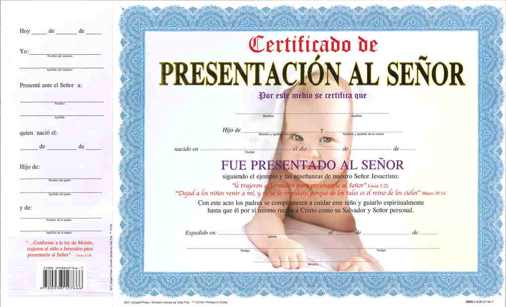 Certificado de Presentacion - Niño pqt. de 15 - Editorial Evangelica