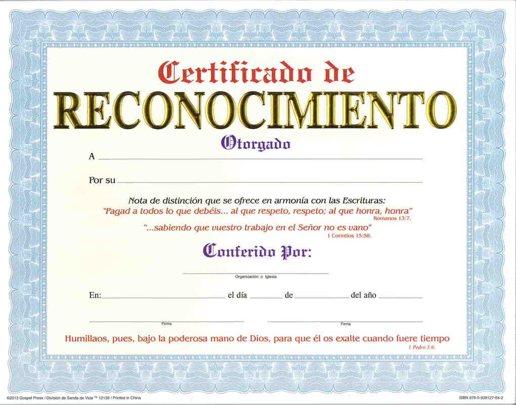 Certificado de Reconocimiento pqt. de 15 - Editorial Evangelica